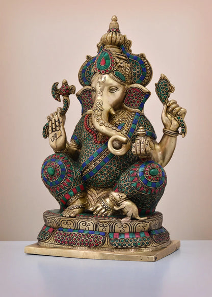 Brassaura™  16" Brass Crown Ganesh (Left Trunk) with Inlay Work | Handmade