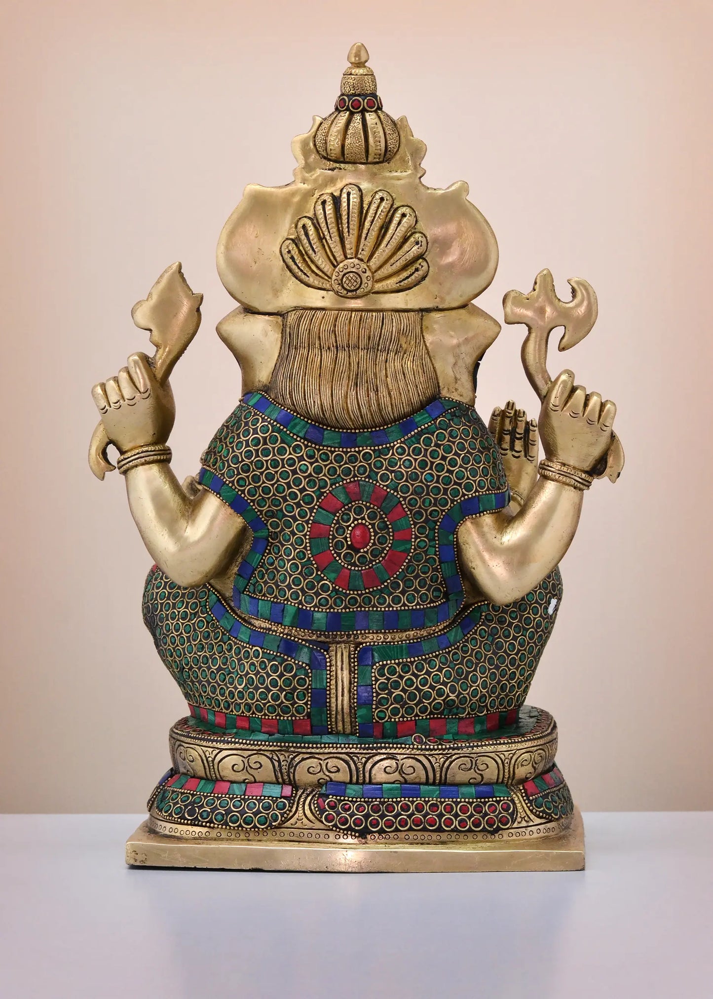Brassaura™  16" Brass Crown Ganesh (Left Trunk) with Inlay Work | Handmade