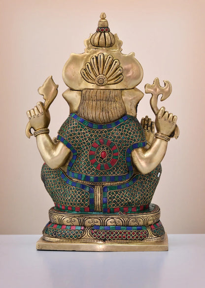 Brassaura™  16" Brass Crown Ganesh (Left Trunk) with Inlay Work | Handmade