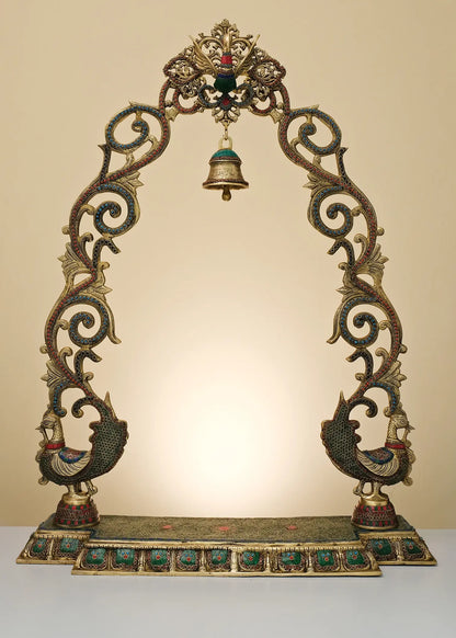 Brassaura® rnate Brass Jhula Frame with Bell & Peacock Motifs | Inlay Work | Height 45 Inches & Weight 32.23 kgs