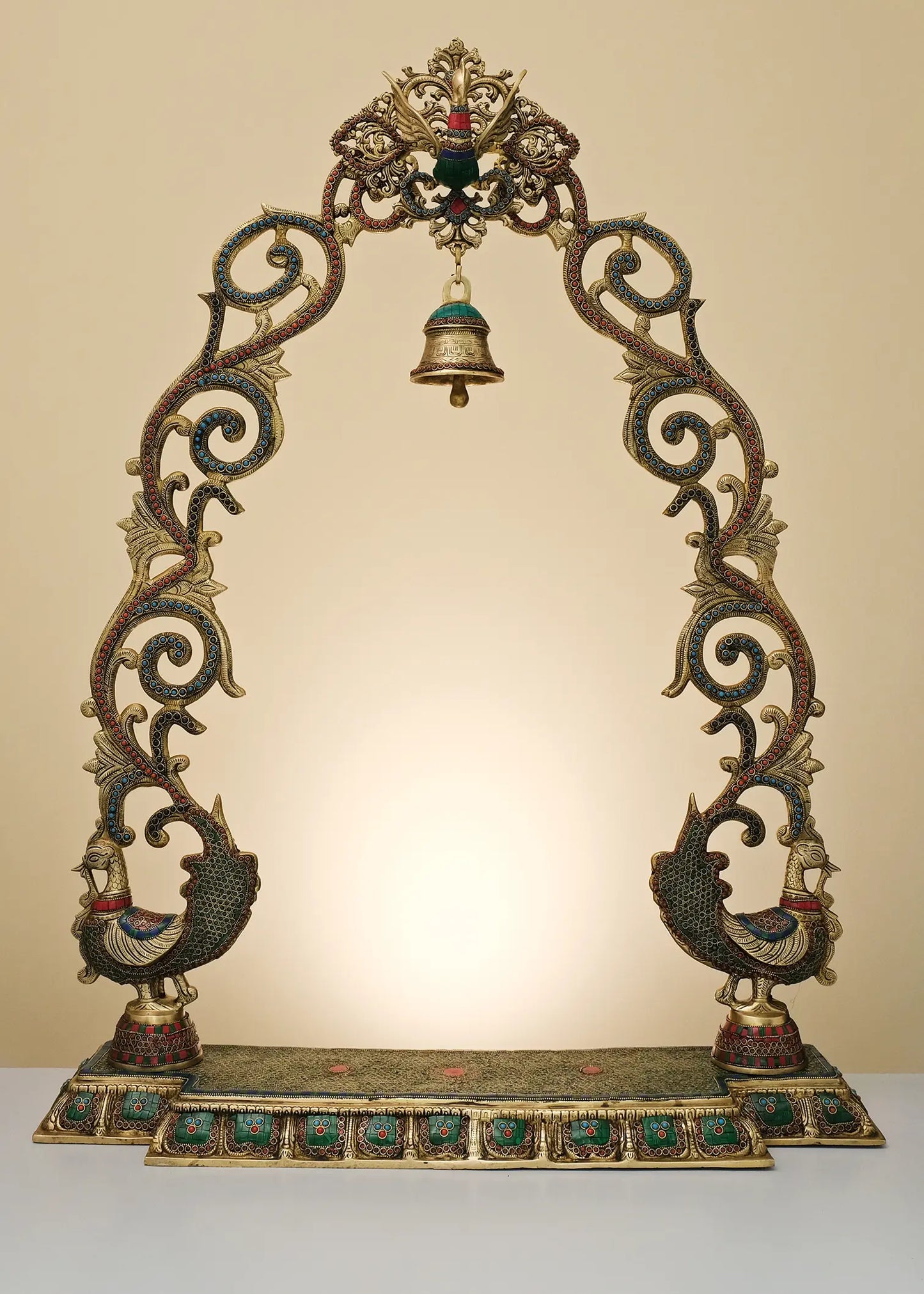 Brassaura® Ornate Peacock Arch with Hanging Bell | Pure Brass with Inlay Work | Height 45 Inches & Weight 32.23 kgs