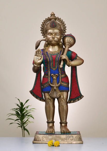 Brassaura® Standing Blessing Hanuman | Brass with Inlay Work | Height 36 Inches & Weight 32.20 kgs