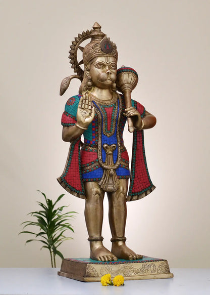 Brassaura® Standing Blessing Hanuman | Brass with Inlay Work | Height 36 Inches & Weight 32.20 kgs