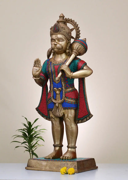 Brassaura® Standing Blessing Hanuman | Brass with Inlay Work | Height 36 Inches & Weight 32.20 kgs
