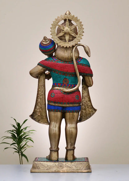 Brassaura® Standing Blessing Hanuman | Brass with Inlay Work | Height 36 Inches & Weight 32.20 kgs