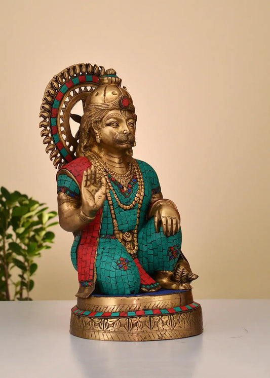ब्रासुरा® बैठे हुए आशीर्वाद देते हनुमान | जड़ाई के काम के साथ पीतल | ऊँचाई 19 इंच और वज़न 18.18 किलोग्राम