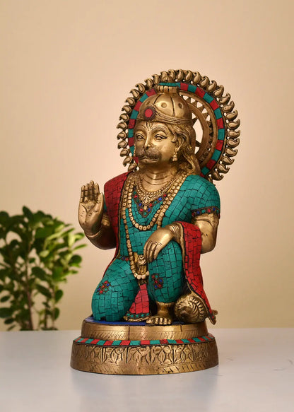 ब्रासुरा® बैठे हुए आशीर्वाद देते हनुमान | जड़ाई के काम के साथ पीतल | ऊँचाई 19 इंच और वज़न 18.18 किलोग्राम