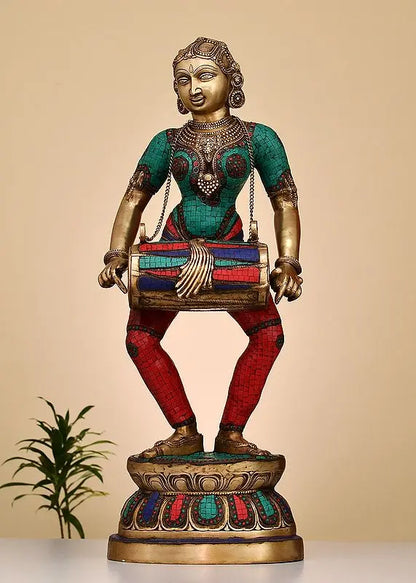 Brassaura™ Large Brass Lady with Dholak – Height 37.99 inches | Weight 34.46 kgs