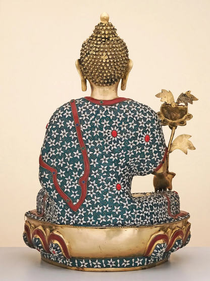 ब्रासौरा® बैठी हुई बुद्ध की मूर्ति जड़ाई के काम के साथ | जटिल पत्थर की जड़ाई वाला पीतल | ऊंचाई 34 इंच और वज़न 45.42 किलोग्राम