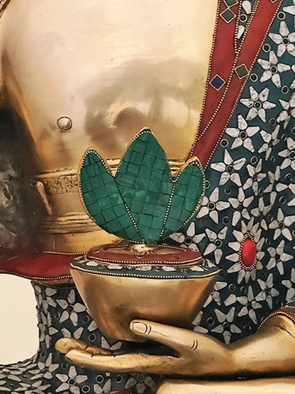 ब्रासौरा® बैठी हुई बुद्ध की मूर्ति जड़ाई के काम के साथ | जटिल पत्थर की जड़ाई वाला पीतल | ऊंचाई 34 इंच और वज़न 45.42 किलोग्राम