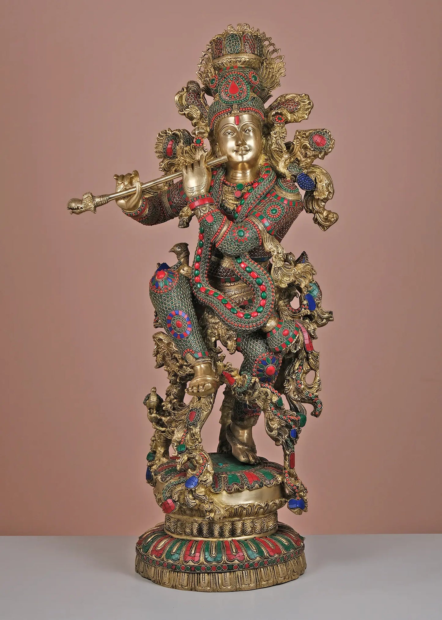 Brassaura® Brass Krishna Statue with Inlay Work | Height 43 Inches & Weight 77.83 kg