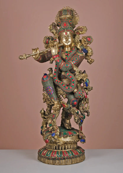 Brassaura® Brass Krishna Statue with Inlay Work | Height 43 Inches & Weight 77.83 kg