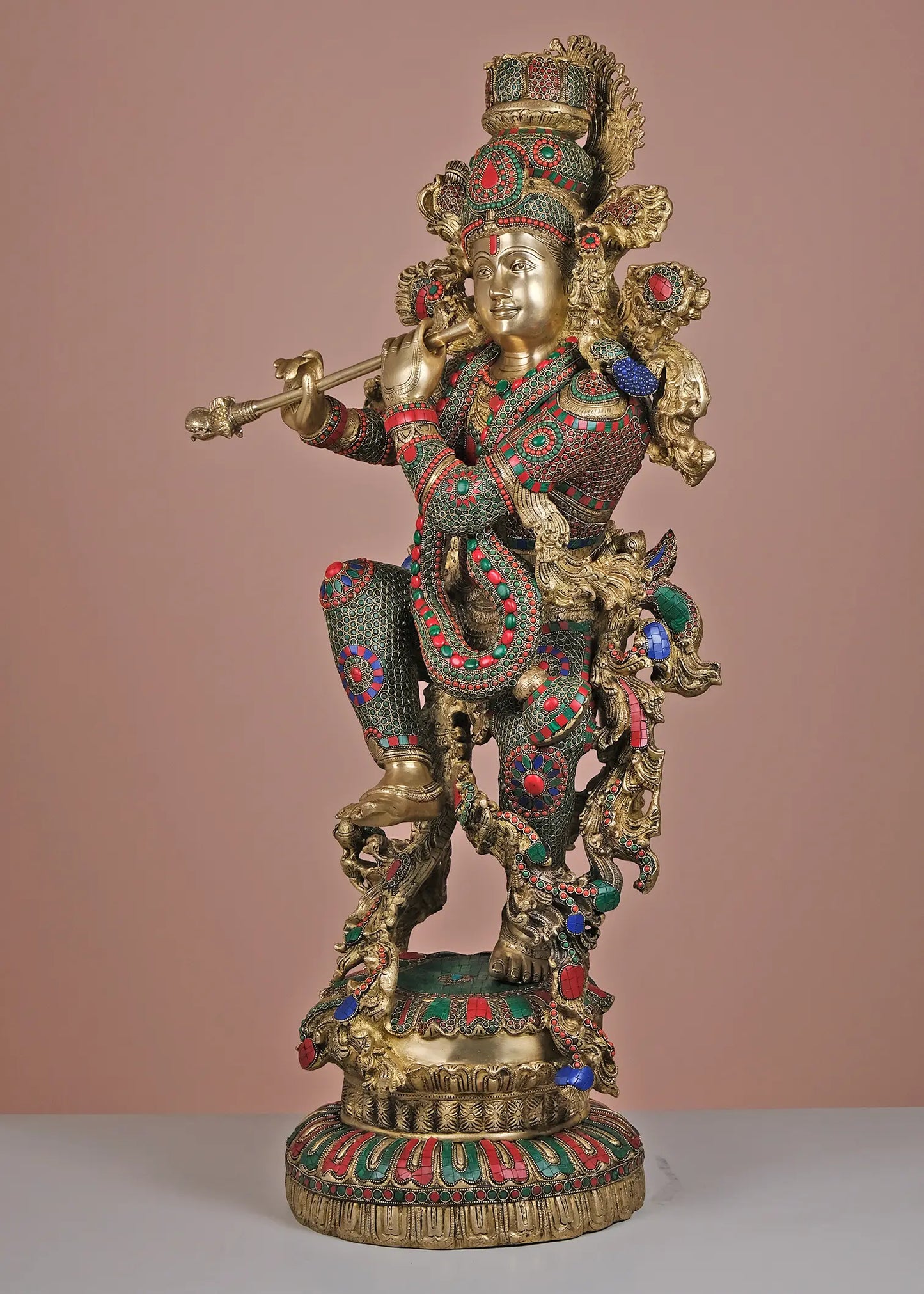 Brassaura® Brass Krishna Statue with Inlay Work | Height 43 Inches & Weight 77.83 kg