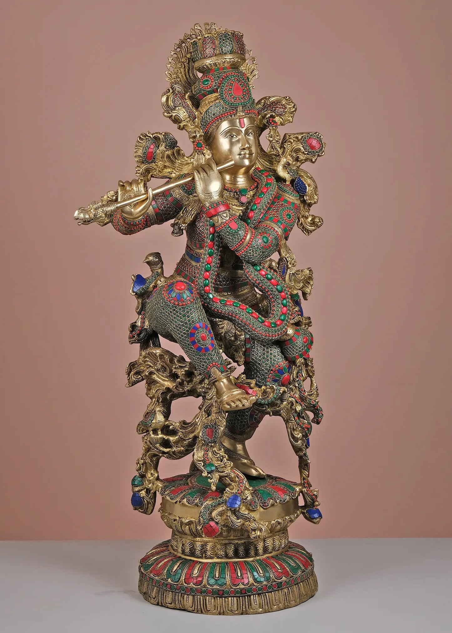 Brassaura® Brass Krishna Statue with Inlay Work | Height 43 Inches & Weight 77.83 kg