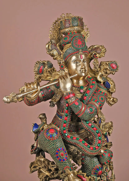 Brassaura® Brass Krishna Statue with Inlay Work | Height 43 Inches & Weight 77.83 kg