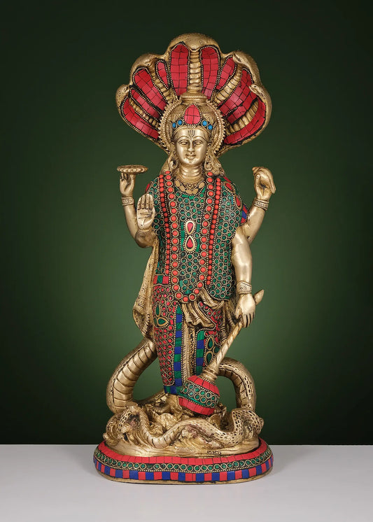Brassaura® Lord Vishnu as Kaliya Mardana Brass Statue with Inlay Work | Height 17 Inches & Weight 8.77 kgs