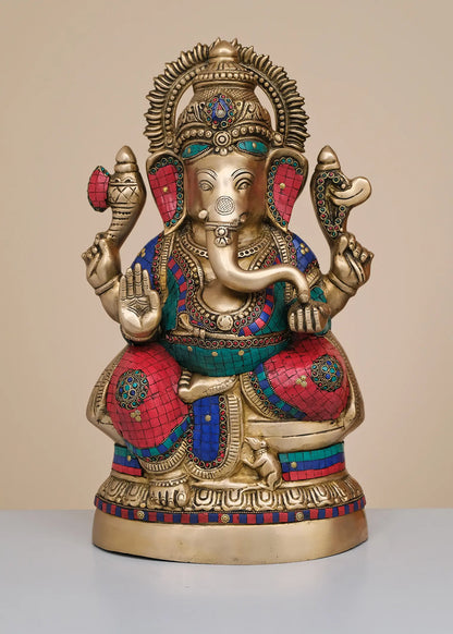 Brassaura® Seated Ganesha with Meenakari Inlay Work | Height 20.08 Inches & Weight 13.82 kgs