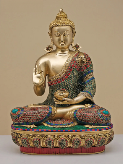 Brassaura® मल्टीकलर स्टोन इनले के साथ बैठे बुद्ध | शुद्ध पीतल | ऊंचाई 22 इंच और वज़न 25.74 किलोग्राम