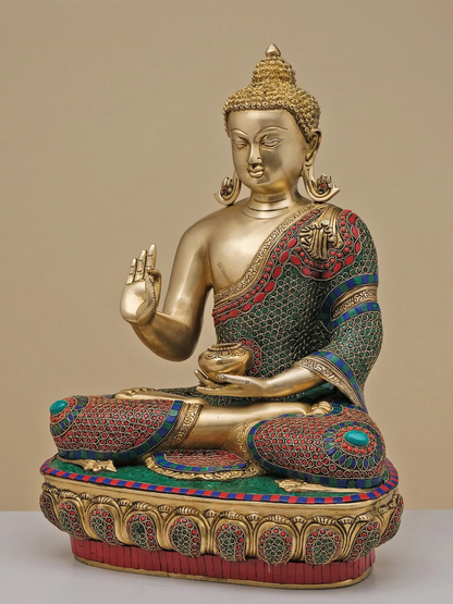Brassaura® मल्टीकलर स्टोन इनले के साथ बैठे बुद्ध | शुद्ध पीतल | ऊंचाई 22 इंच और वज़न 25.74 किलोग्राम