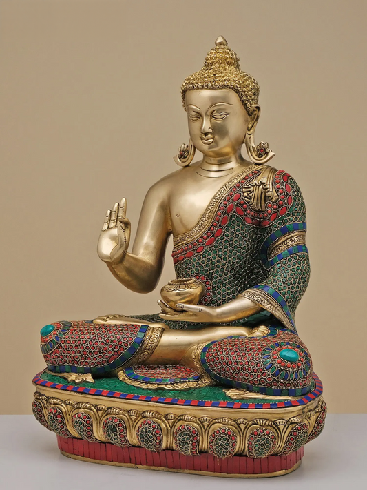 Brassaura® मल्टीकलर स्टोन इनले के साथ बैठे बुद्ध | शुद्ध पीतल | ऊंचाई 22 इंच और वज़न 25.74 किलोग्राम