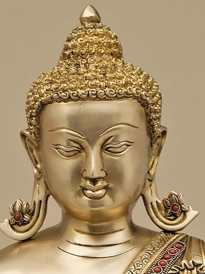 Brassaura® मल्टीकलर स्टोन इनले के साथ बैठे बुद्ध | शुद्ध पीतल | ऊंचाई 22 इंच और वज़न 25.74 किलोग्राम