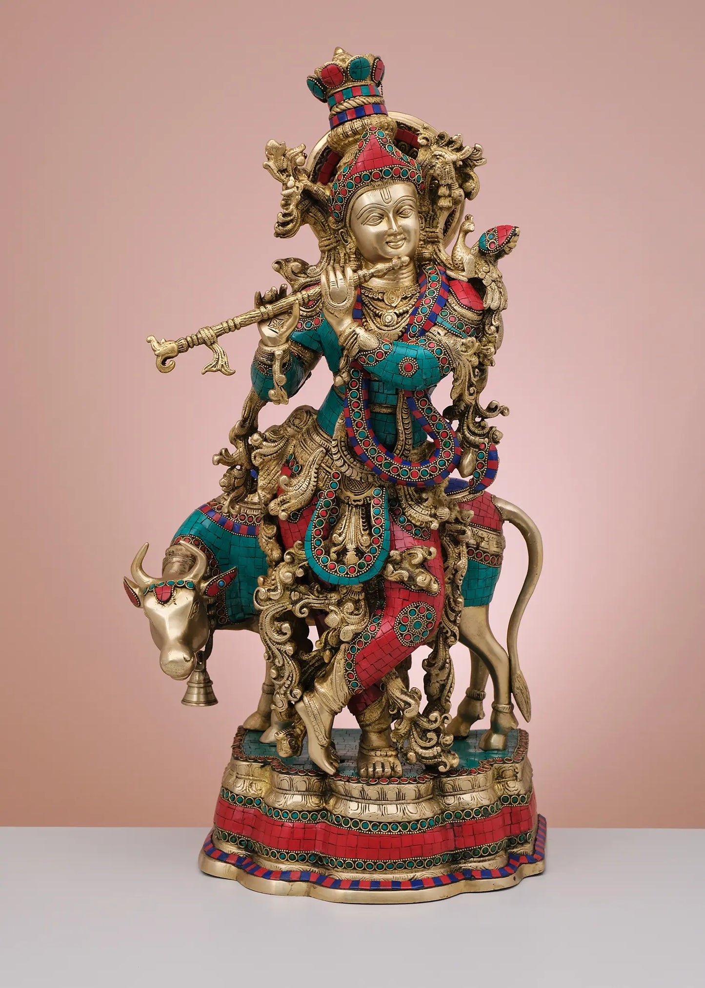 Brassaura® Brass Krishna on Cow Statue with Inlay Work | Height 27 Inches & Weight 24.36 kg