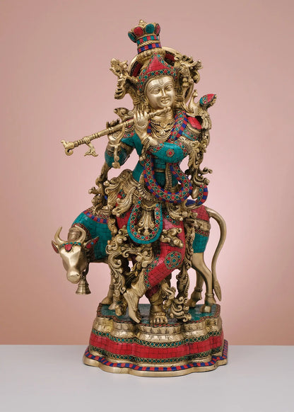 Brassaura® Brass Krishna on Cow Statue with Inlay Work | Height 27 Inches & Weight 24.36 kg