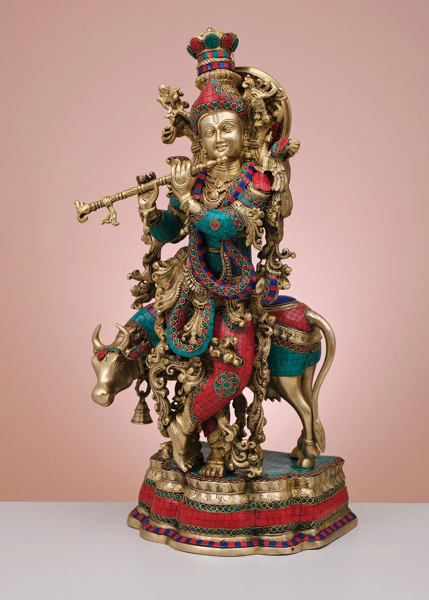 Brassaura® Brass Krishna on Cow Statue with Inlay Work | Height 27 Inches & Weight 24.36 kg