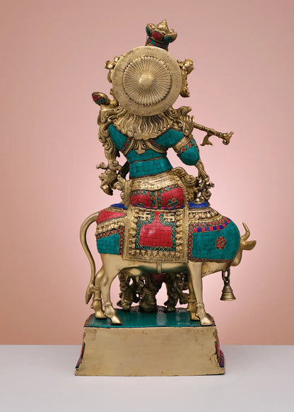 Brassaura® Brass Krishna on Cow Statue with Inlay Work | Height 27 Inches & Weight 24.36 kg