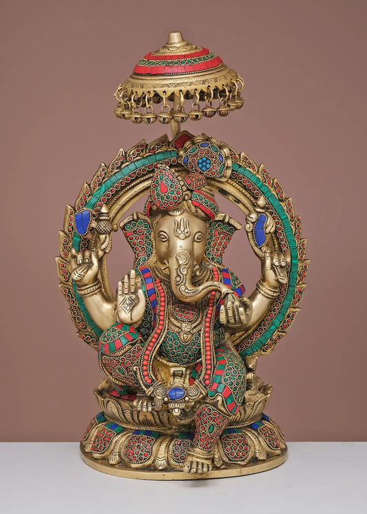 Brassaura® Royal Umbrella Ganesha with Ornate Prabhavali | Height 17.91 Inches & Weight 12.75 kgs