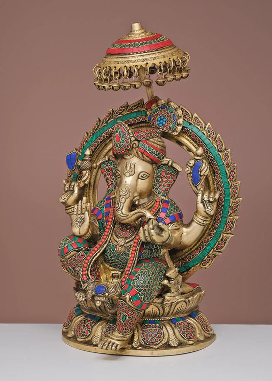 Brassaura® Royal Umbrella Ganesha with Ornate Prabhavali | Height 17.91 Inches & Weight 12.75 kgs