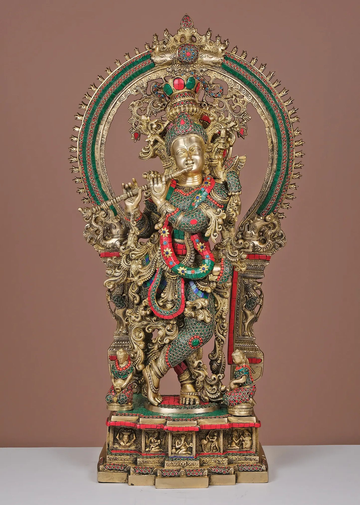 Brassaura® Brass Krishna Statue with Inlay Work | Height 32.09 Inches & Weight 34.37 kg