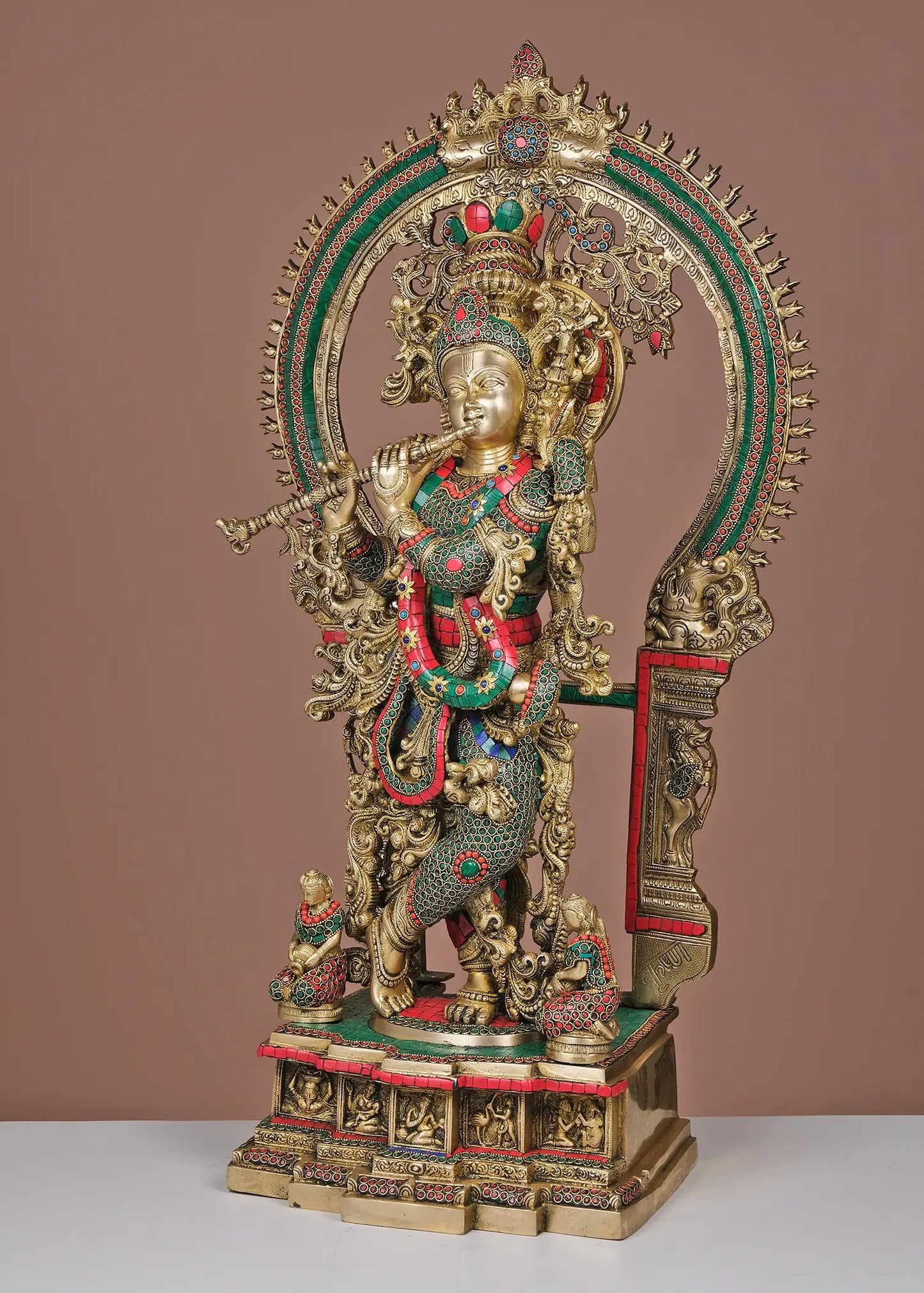 Brassaura® Brass Krishna Statue with Inlay Work | Height 32.09 Inches & Weight 34.37 kg