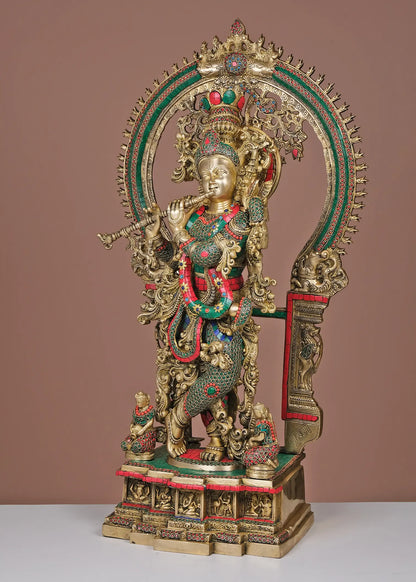 Brassaura® Brass Krishna Statue with Inlay Work | Height 32.09 Inches & Weight 34.37 kg