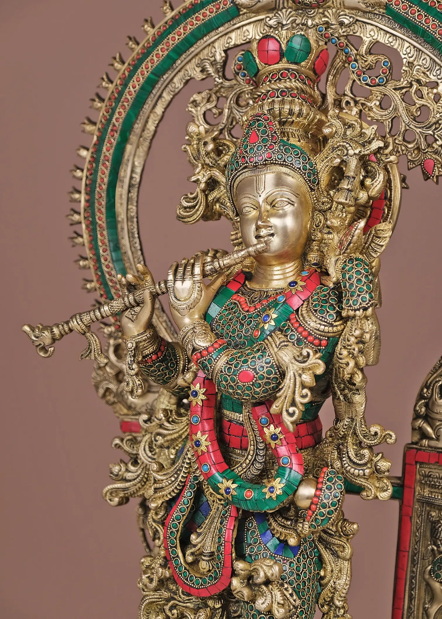 Brassaura® Brass Krishna Statue with Inlay Work | Height 32.09 Inches & Weight 34.37 kg