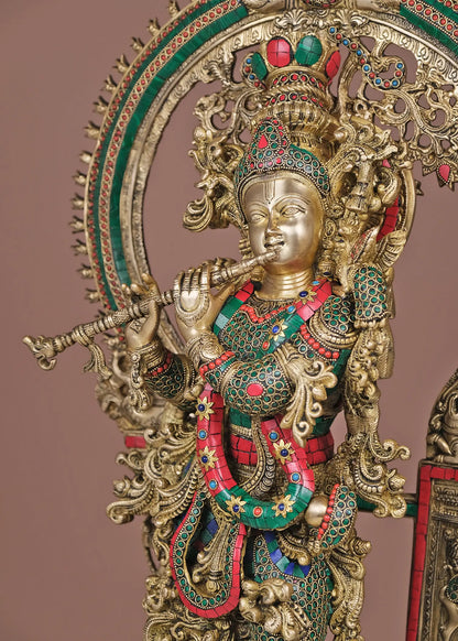 Brassaura® Brass Krishna Statue with Inlay Work | Height 32.09 Inches & Weight 34.37 kg