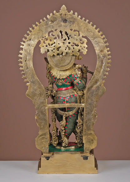 Brassaura® Brass Krishna Statue with Inlay Work | Height 32.09 Inches & Weight 34.37 kg
