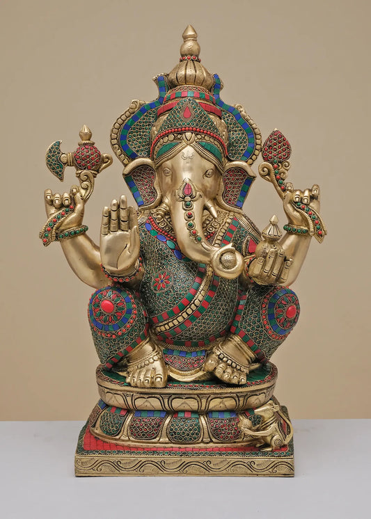 Brassaura® Grand Multicolor Inlay Seated Ganesha | Height 24.02 Inches & Weight 28.51 kgs