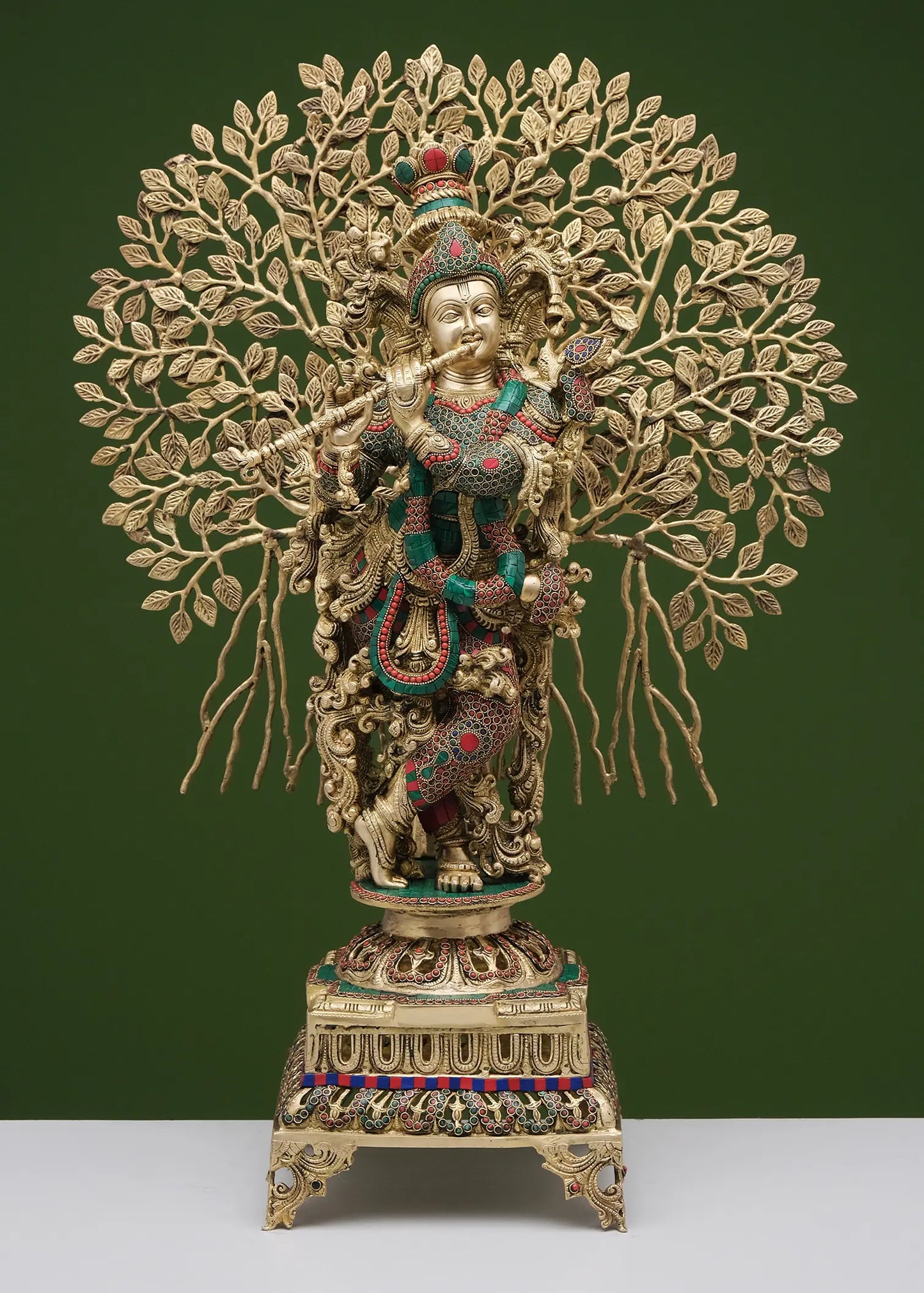 Brassaura® Brass Tree Krishna Statue with Inlay Work | Height 36.02 Inches & Weight 29.38 kg