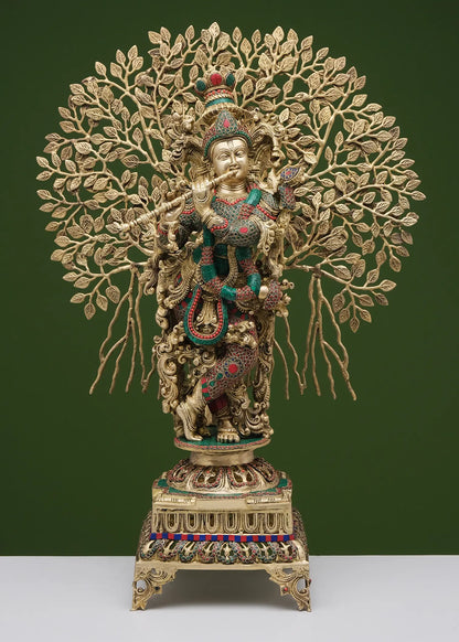 Brassaura® Brass Tree Krishna Statue with Inlay Work | Height 36.02 Inches & Weight 29.38 kg