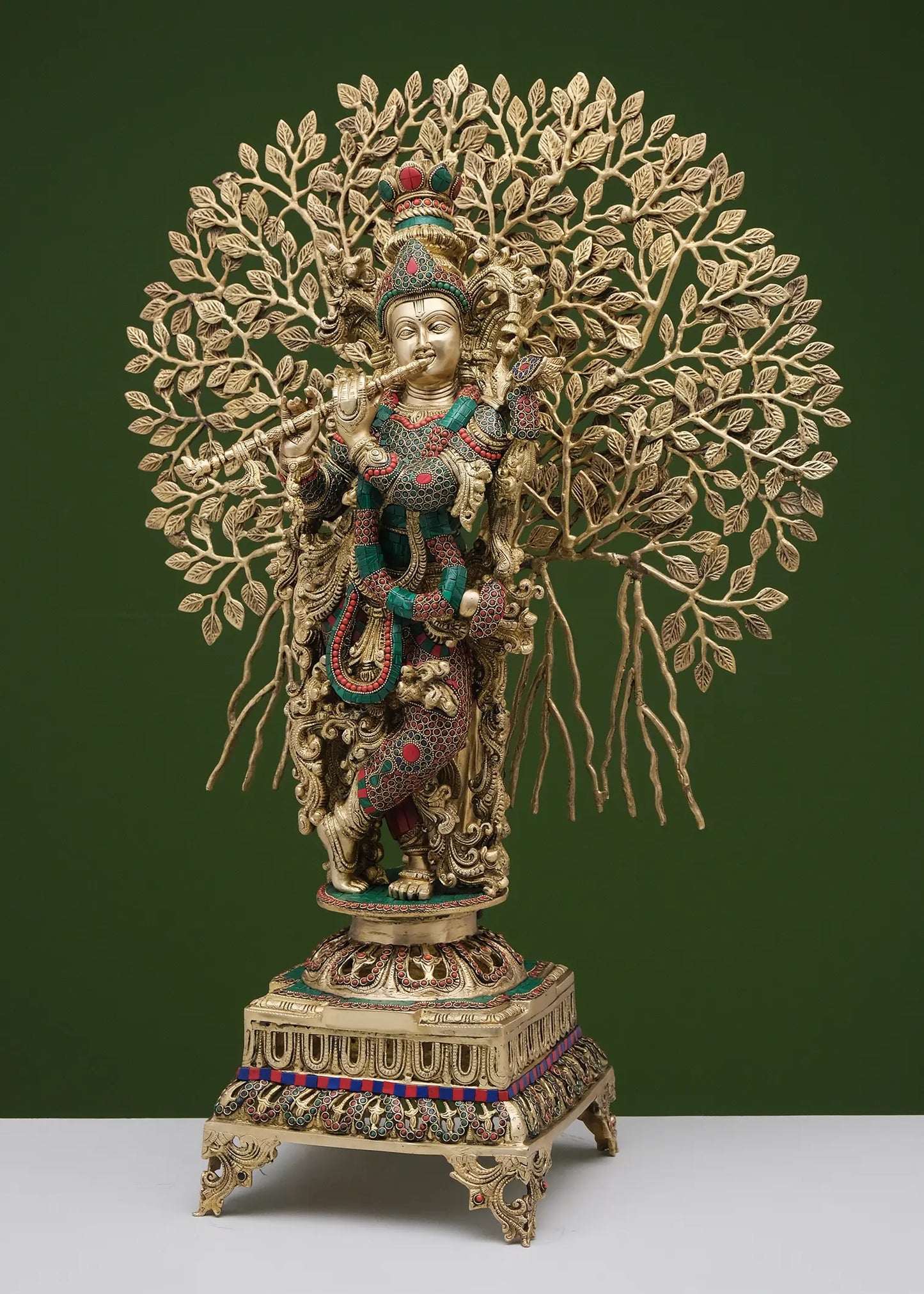 Brassaura® Brass Tree Krishna Statue with Inlay Work | Height 36.02 Inches & Weight 29.38 kg