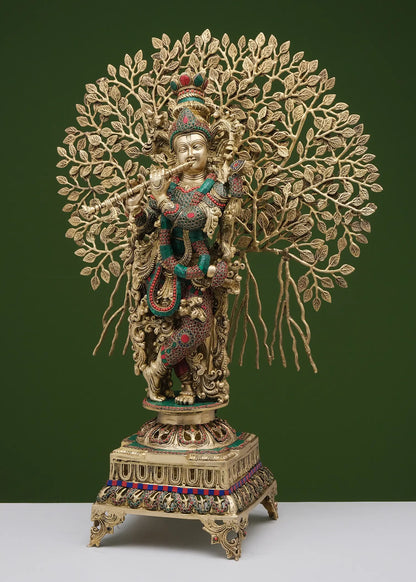 Brassaura® Brass Tree Krishna Statue with Inlay Work | Height 36.02 Inches & Weight 29.38 kg
