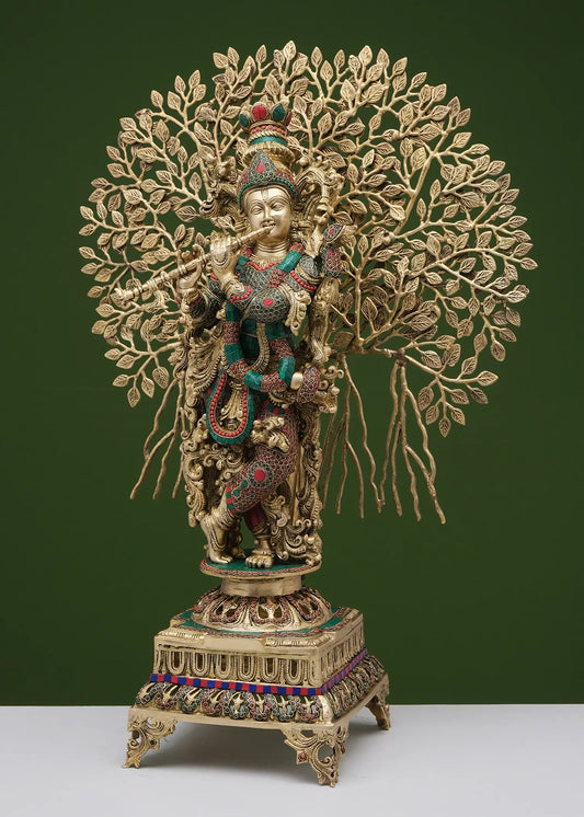 Brassaura® Brass Tree Krishna Statue with Inlay Work | Height 36.02 Inches & Weight 29.38 kg