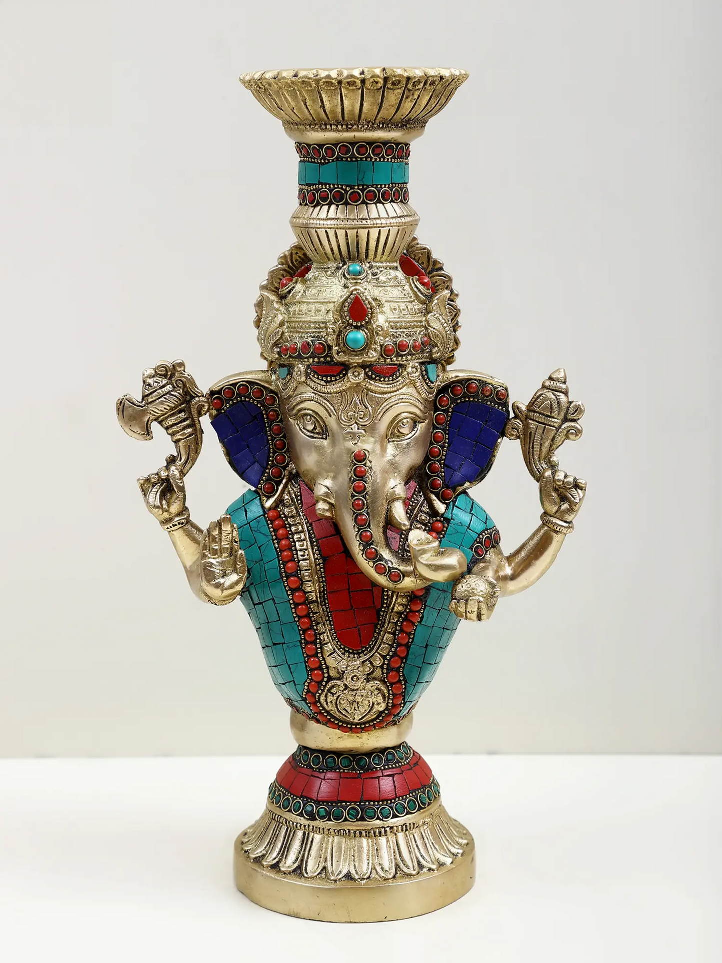 Brassaura™ Brass Ganesha Candle Stand with Inlay Work | Height 13 Inches & Weight 4.51 kgs