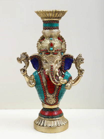 Brassaura™ Brass Ganesha Candle Stand with Inlay Work | Height 13 Inches & Weight 4.51 kgs
