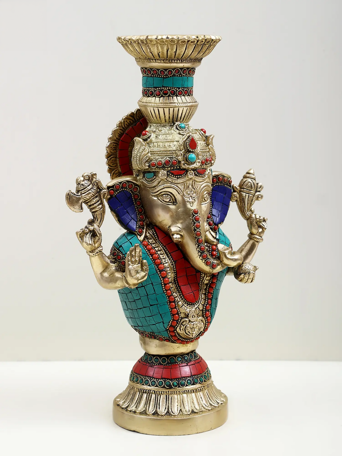 Brassaura™ Brass Ganesha Candle Stand with Inlay Work | Height 13 Inches & Weight 4.51 kgs