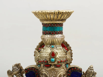 Brassaura™ Brass Ganesha Candle Stand with Inlay Work | Height 13 Inches & Weight 4.51 kgs