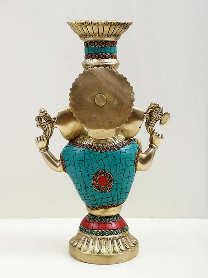 Brassaura™ Brass Ganesha Candle Stand with Inlay Work | Height 13 Inches & Weight 4.51 kgs