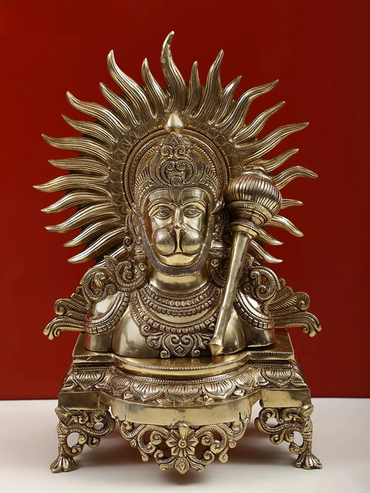 Brassaura® सन हेलो हनुमान बस्ट | पीतल | ऊँचाई 14.37 इंच और वज़न 7.36 किलोग्राम