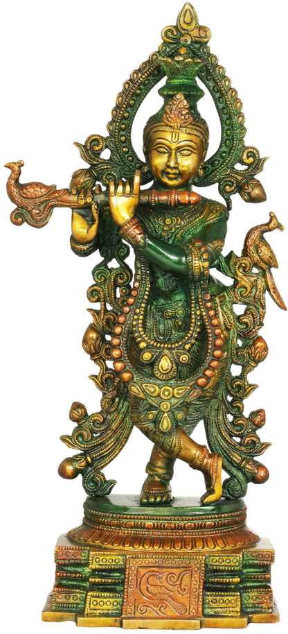 Brassaura® Brass Krishna Statue with Inlay Work | Height 15.35 Inches & Weight 4.20 kg